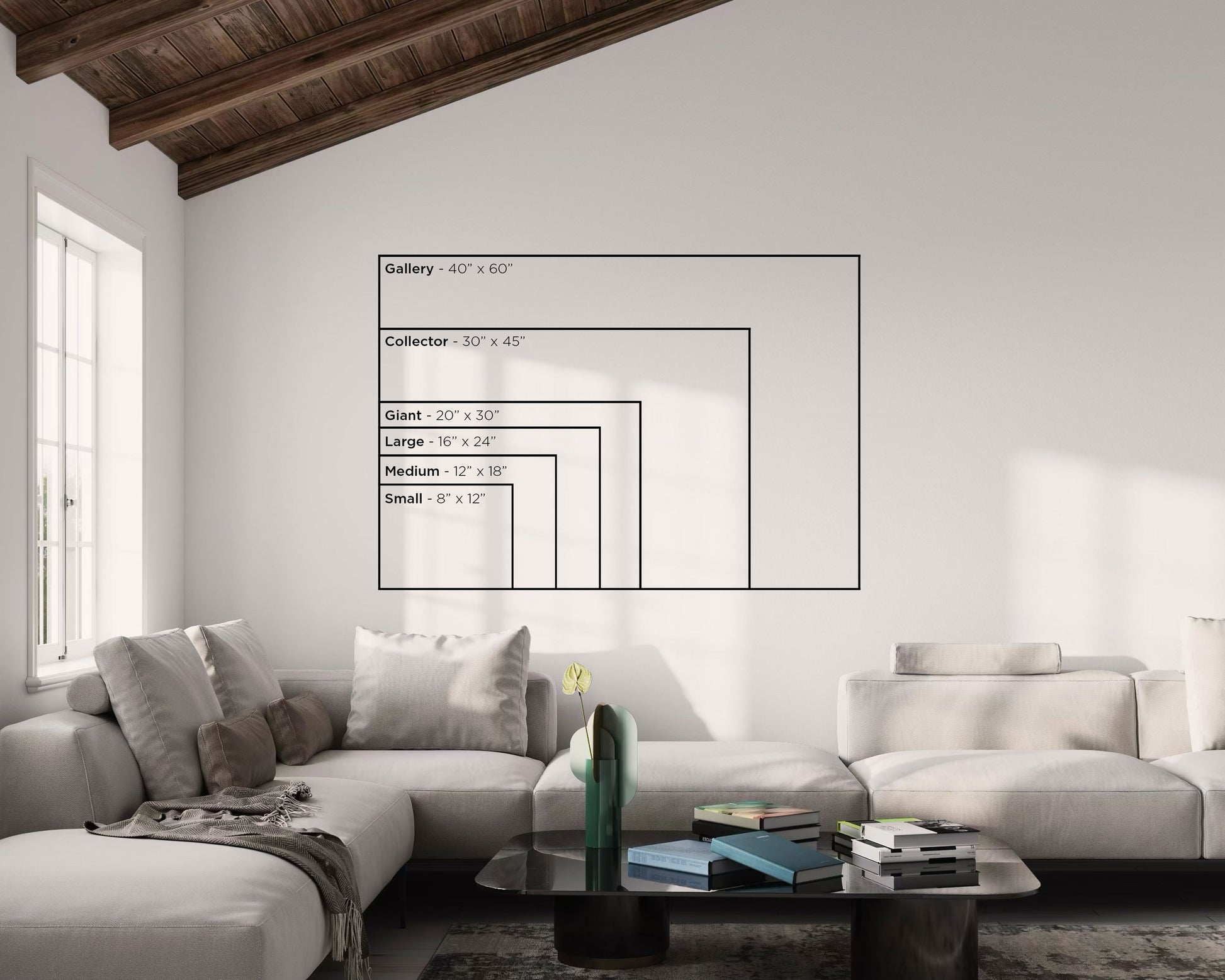 A modern living room with a size chart of six different sizes archival pigment prints