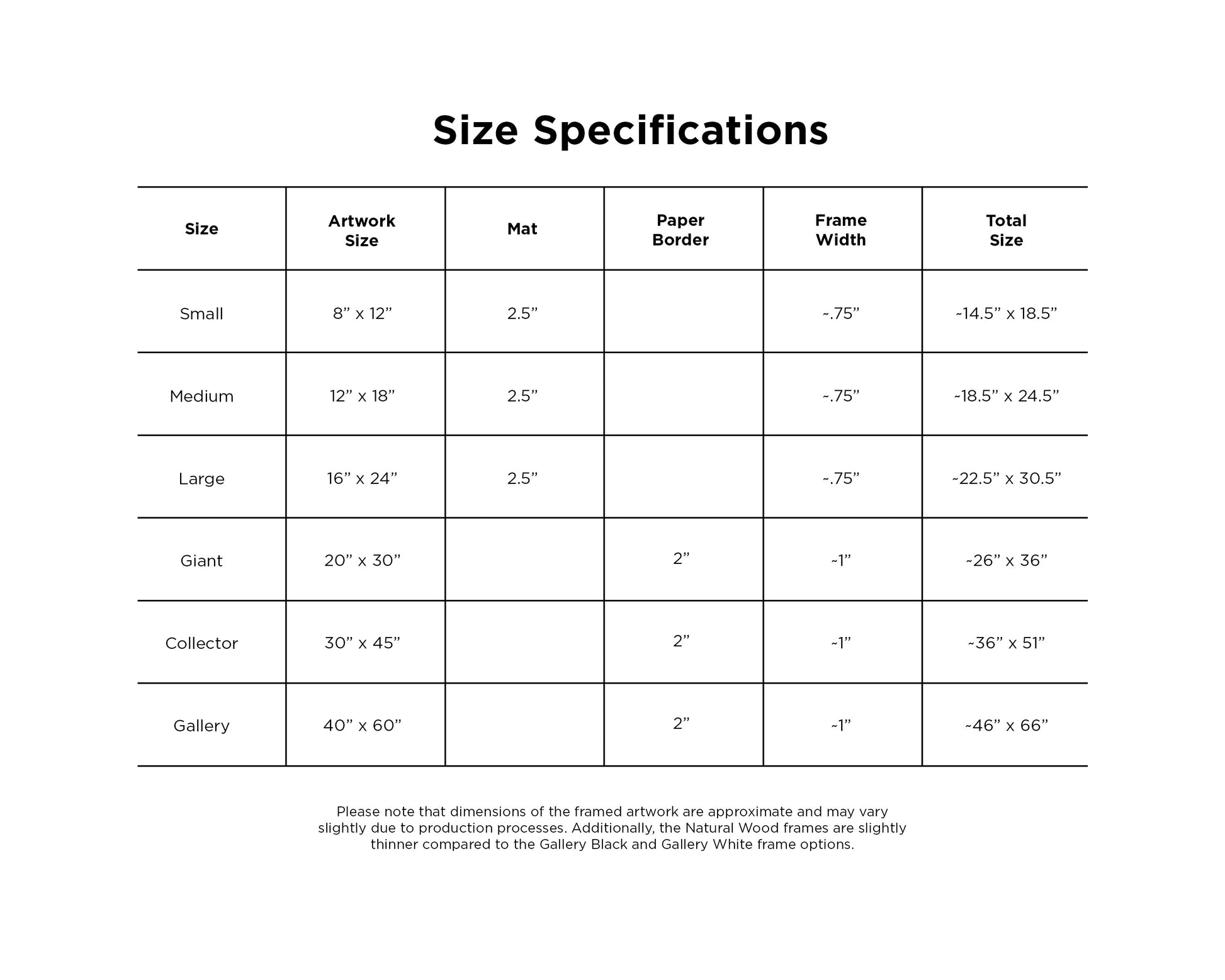 a size specification chart with sizes for six different archival pigment prints
