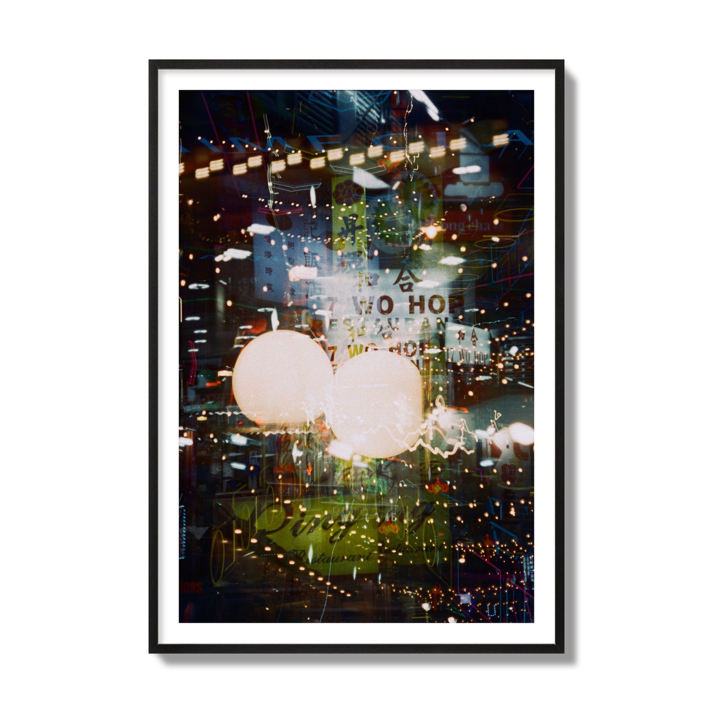 Fine art street photograph of a multiple exposure capture of Chinatown in NYC, archival pigment print, collector size, black frame.