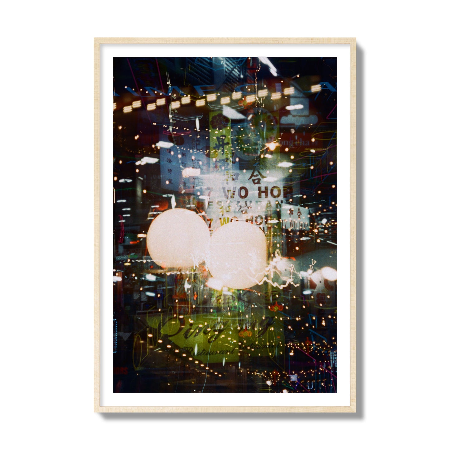 Fine art street photograph of a multiple exposure capture of Chinatown in NYC, archival pigment print, collector size, natural wood frame.