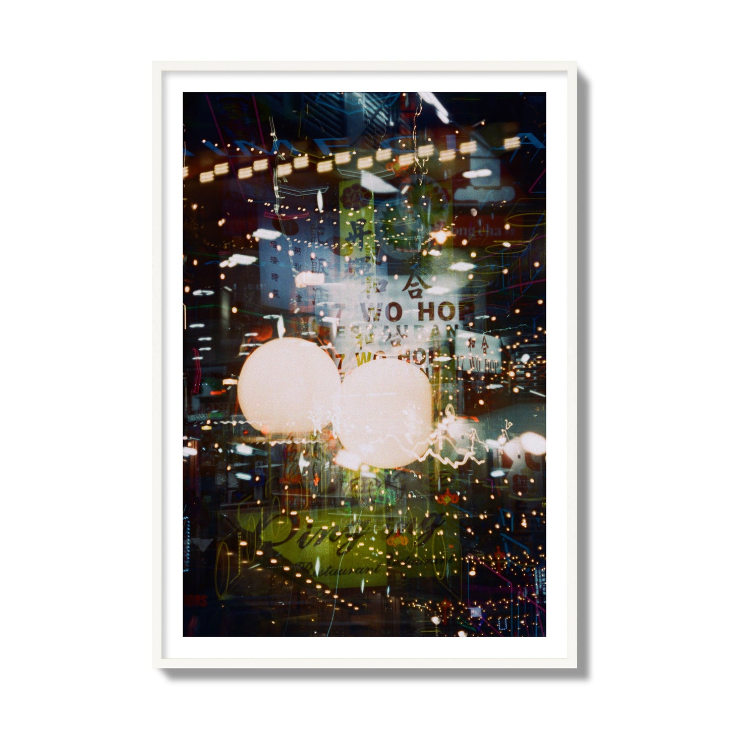 Fine art street photograph of a multiple exposure capture of Chinatown in NYC, archival pigment print, collector size, white frame.