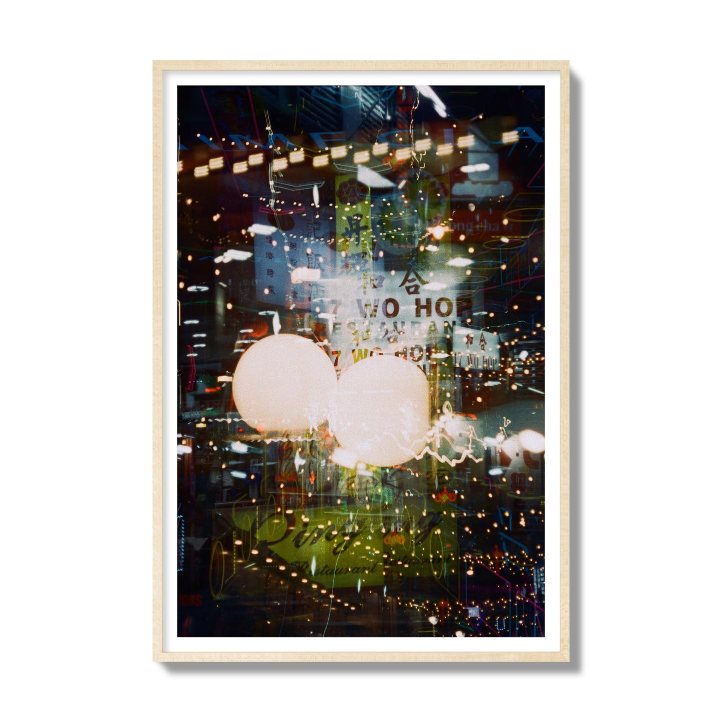 Fine art street photograph of a multiple exposure capture of Chinatown in NYC, archival pigment print, gallery size, natural wood frame.