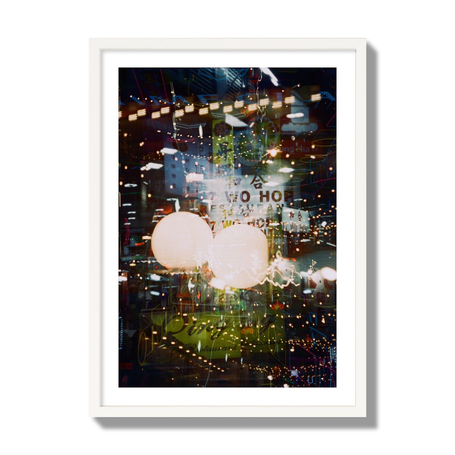 Fine art street photograph of a multiple exposure capture of Chinatown in NYC, archival pigment print, giant size, white frame.