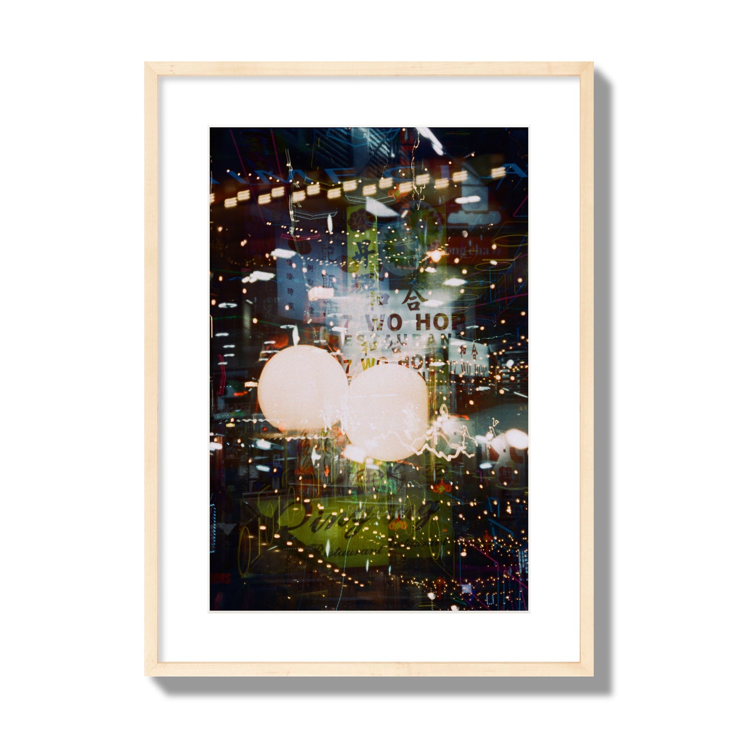 Fine art street photograph of a multiple exposure capture of Chinatown in NYC, archival pigment print, large size, natural wood frame.