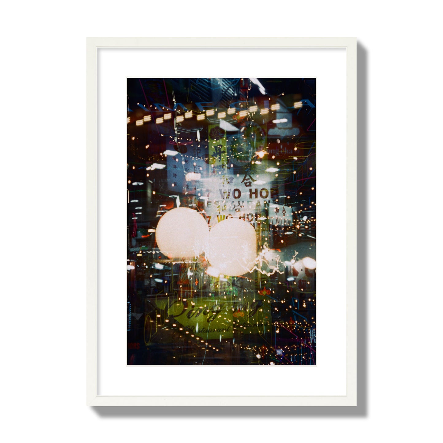 Fine art street photograph of a multiple exposure capture of Chinatown in NYC, archival pigment print, large size, white frame.