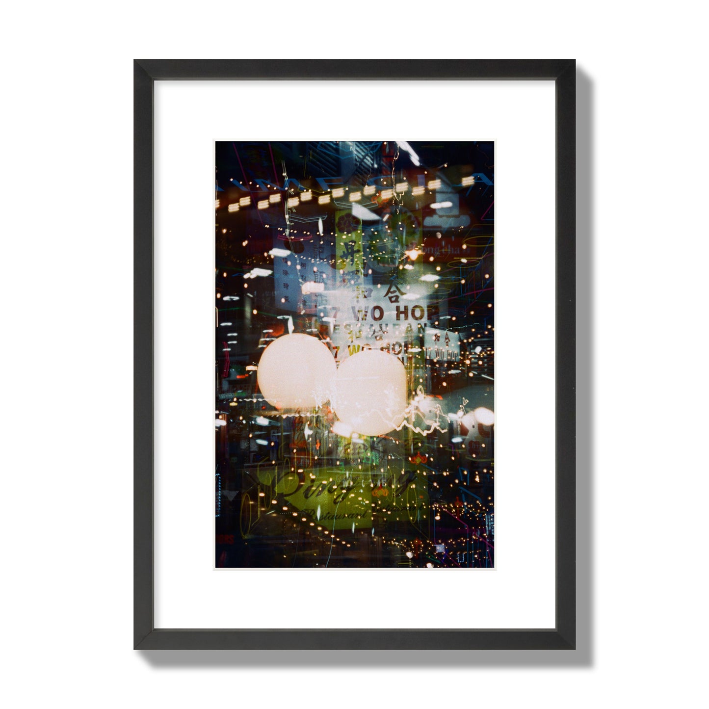 Fine art street photograph of a multiple exposure capture of Chinatown in NYC, archival pigment print, medium size, black frame.