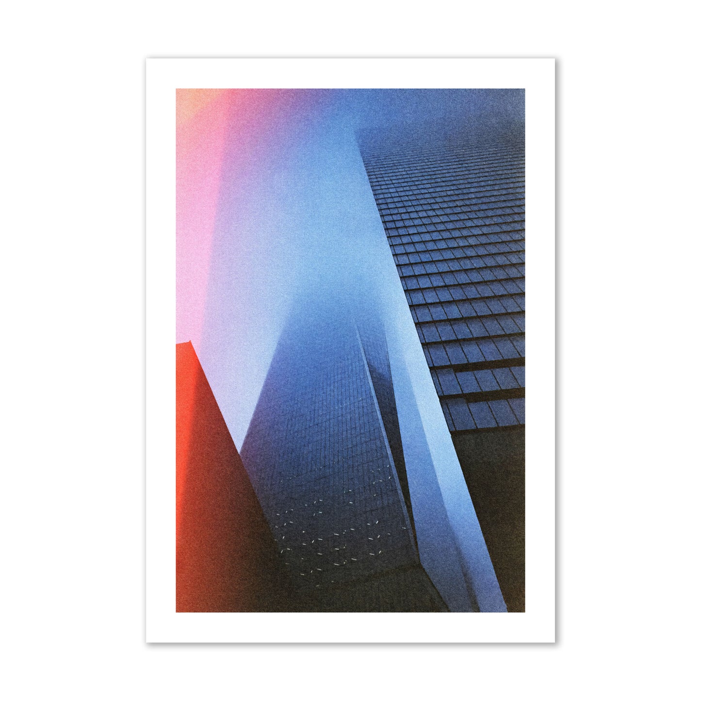 Fine art street photograph of the World Trade Center highlighting geometric shapes, with a dreamlike, cinematic feel in predominantly blue and red hues, archival pigment print, collector size, unframed.