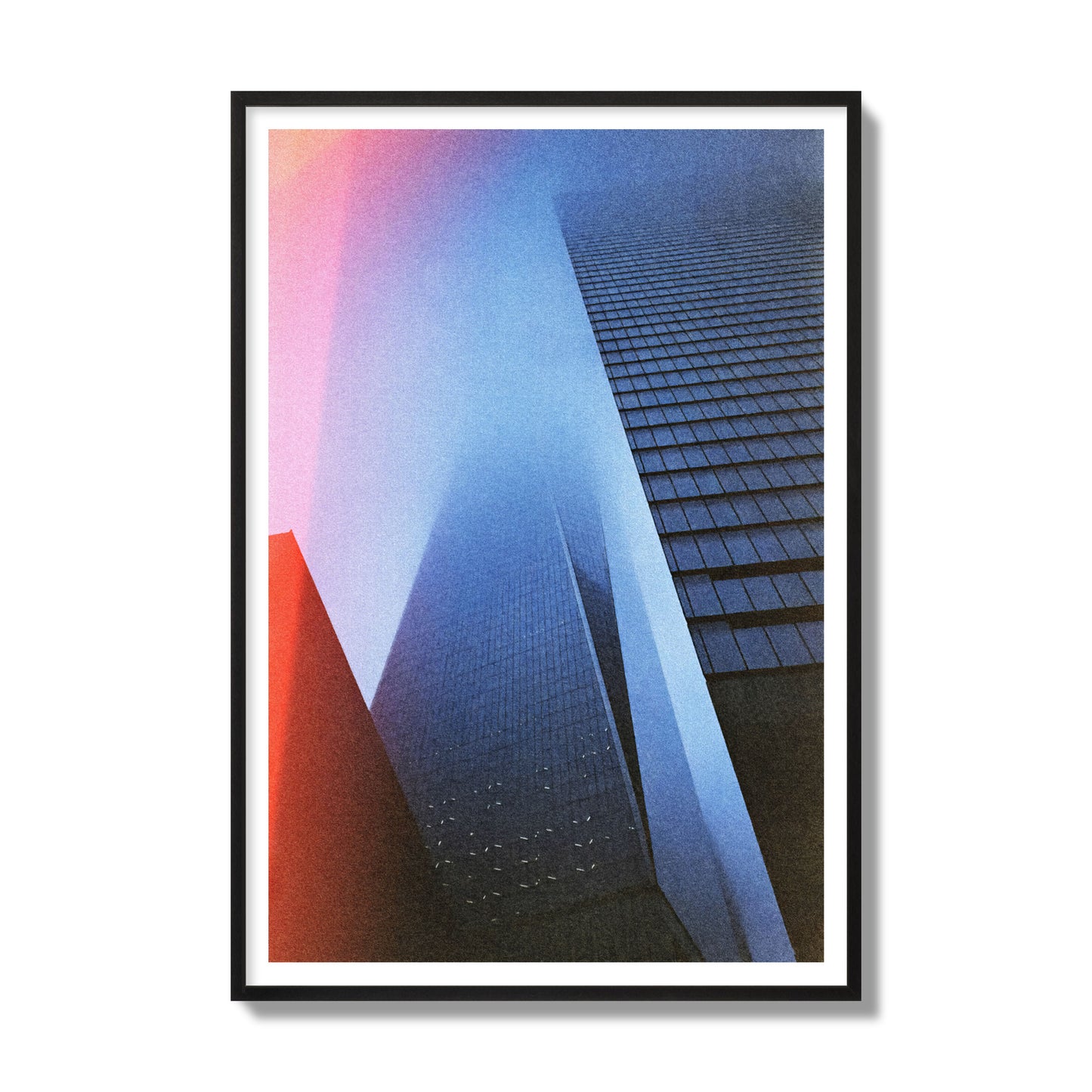 Fine art street photograph of the World Trade Center highlighting geometric shapes, with a dreamlike, cinematic feel in predominantly blue and red hues, archival pigment print, gallery size, black frame.