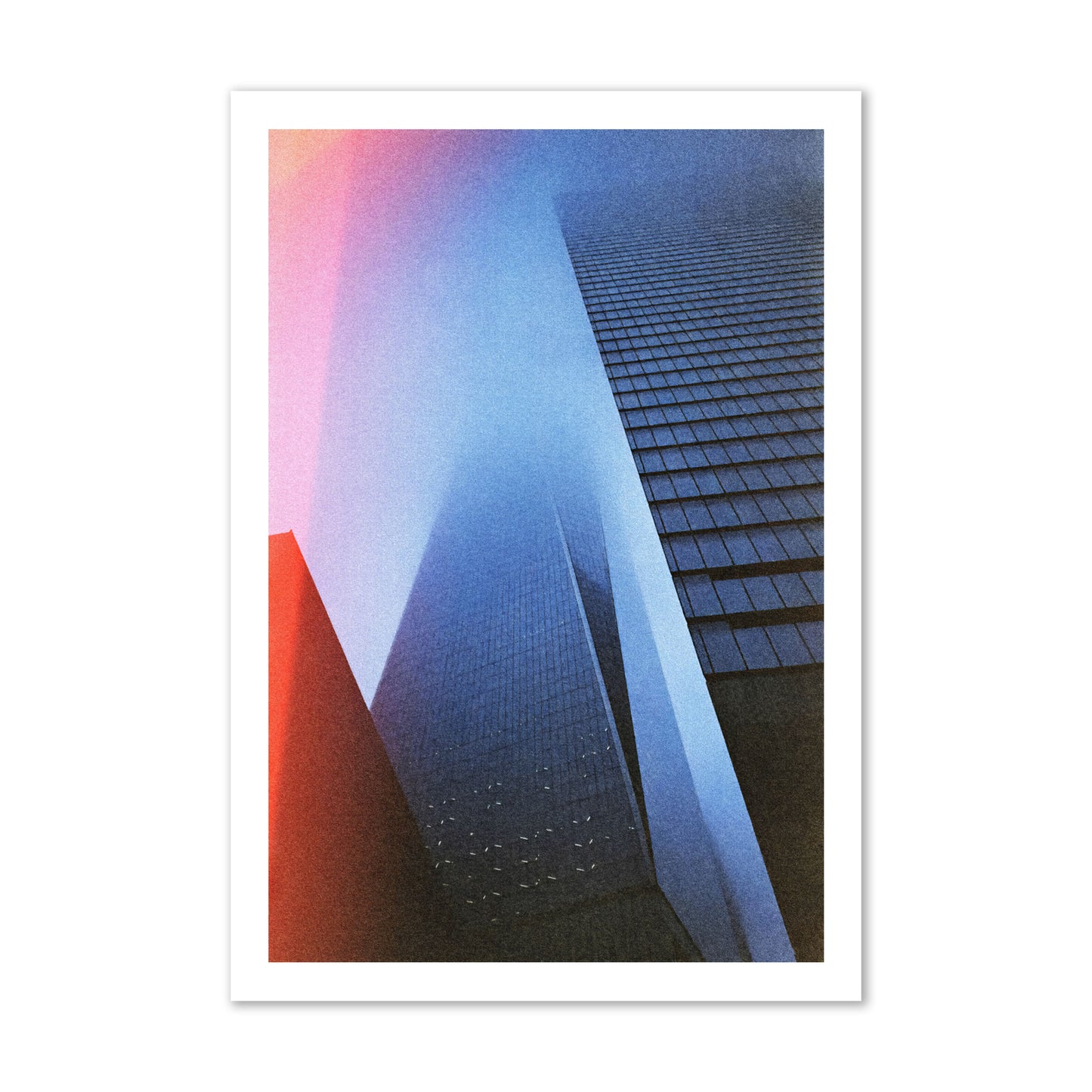 Fine art street photograph of the World Trade Center highlighting geometric shapes, with a dreamlike, cinematic feel in predominantly blue and red hues, archival pigment print, gallery size, unframed.