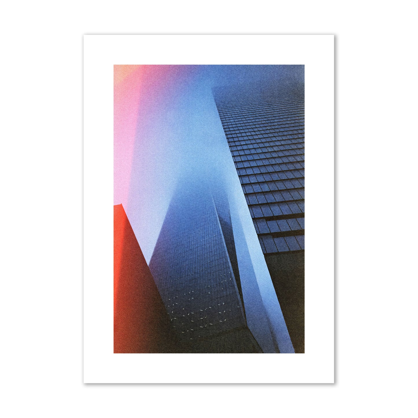 Fine art street photograph of the World Trade Center highlighting geometric shapes, with a dreamlike, cinematic feel in predominantly blue and red hues, archival pigment print, giant size, unframed.