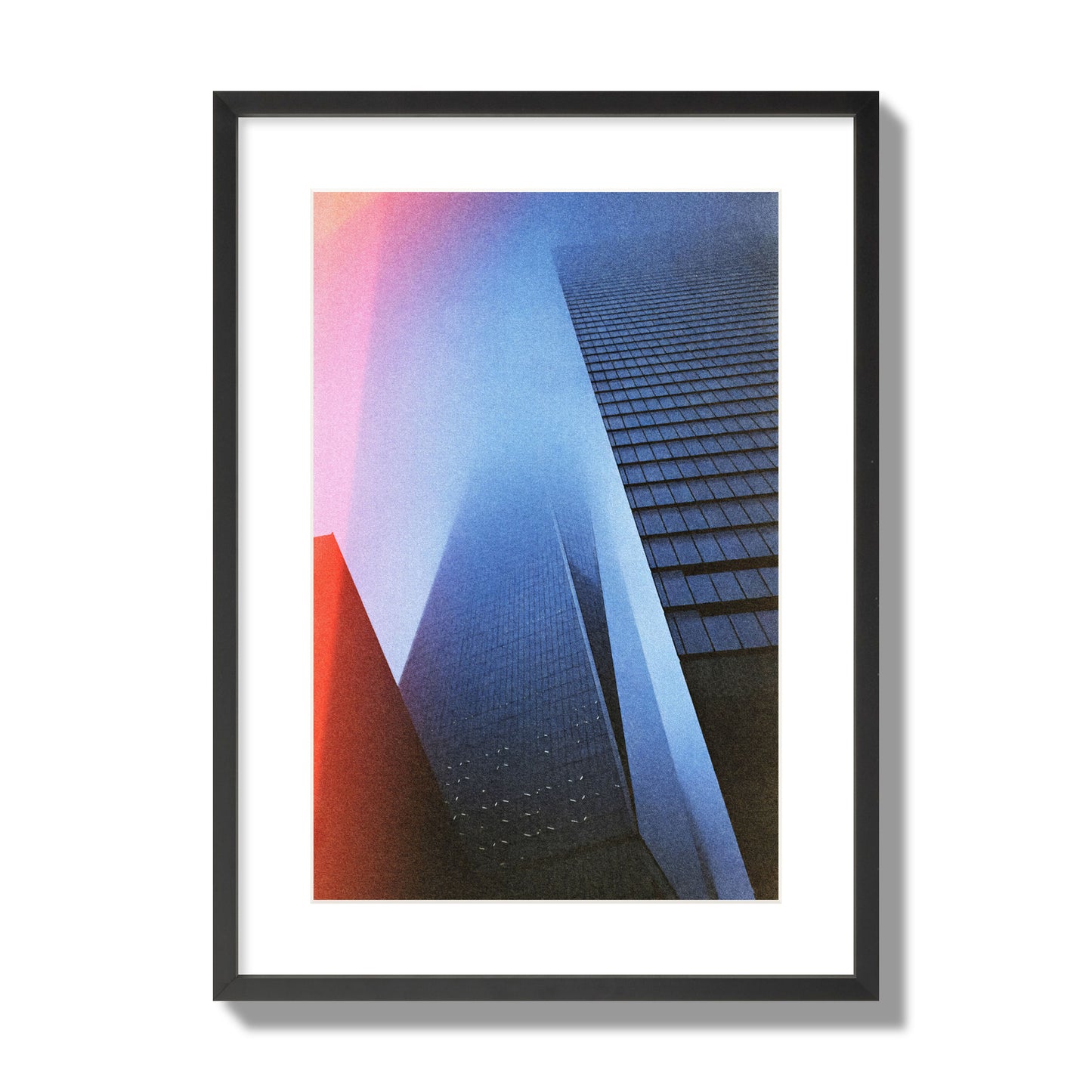 Fine art street photograph of the World Trade Center highlighting geometric shapes, with a dreamlike, cinematic feel in predominantly blue and red hues, archival pigment print, large size, black frame.