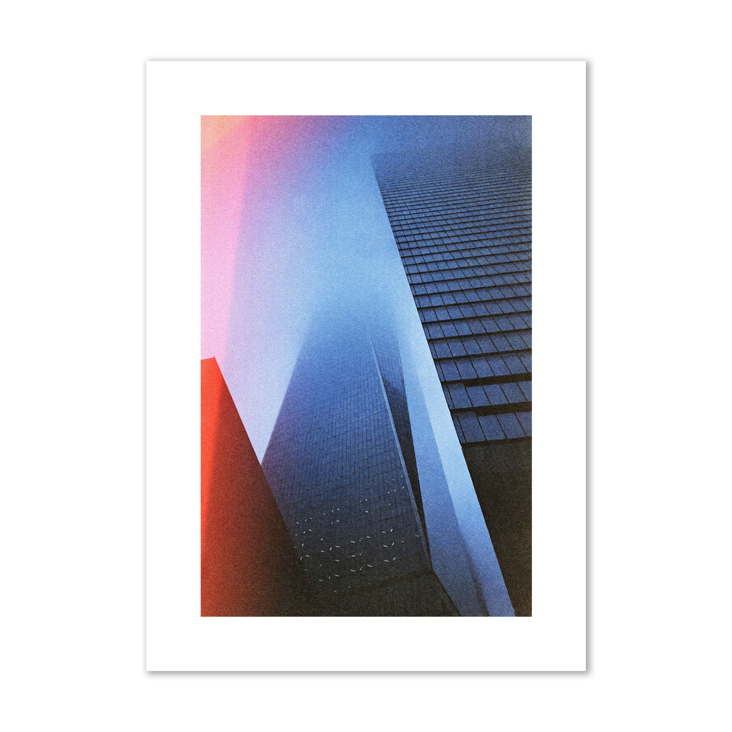 Fine art street photograph of the World Trade Center highlighting geometric shapes, with a dreamlike, cinematic feel in predominantly blue and red hues, archival pigment print, large size, unframed.