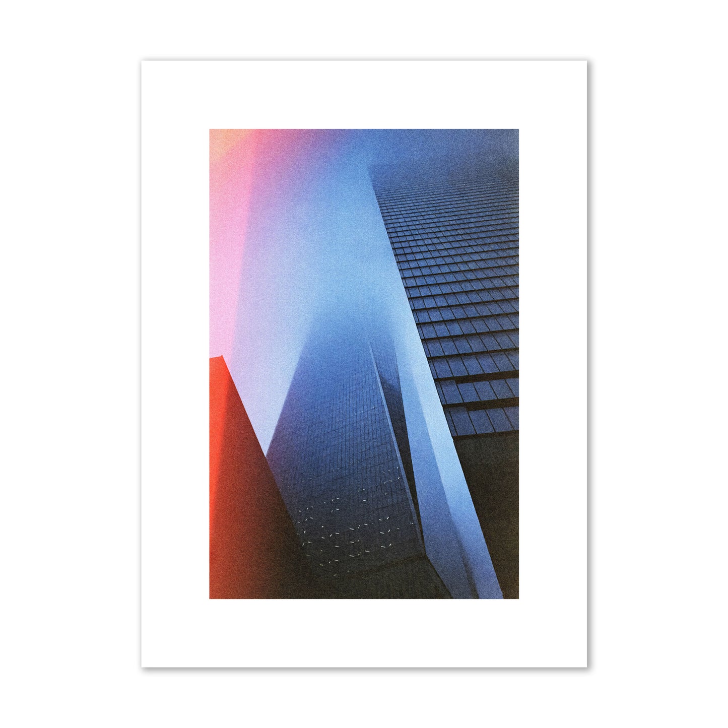 Fine art street photograph of the World Trade Center highlighting geometric shapes, with a dreamlike, cinematic feel in predominantly blue and red hues, archival pigment print, medium size, unframed.