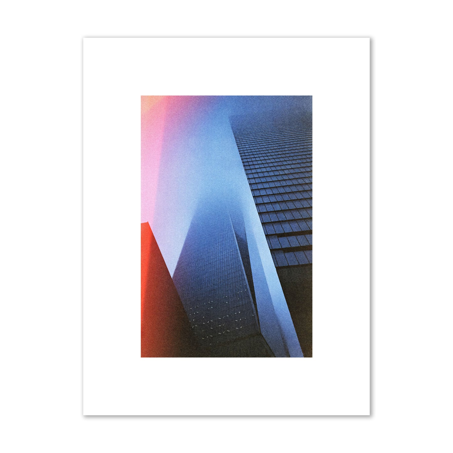 Fine art street photograph of the World Trade Center highlighting geometric shapes, with a dreamlike, cinematic feel in predominantly blue and red hues, archival pigment print, small size, unframed