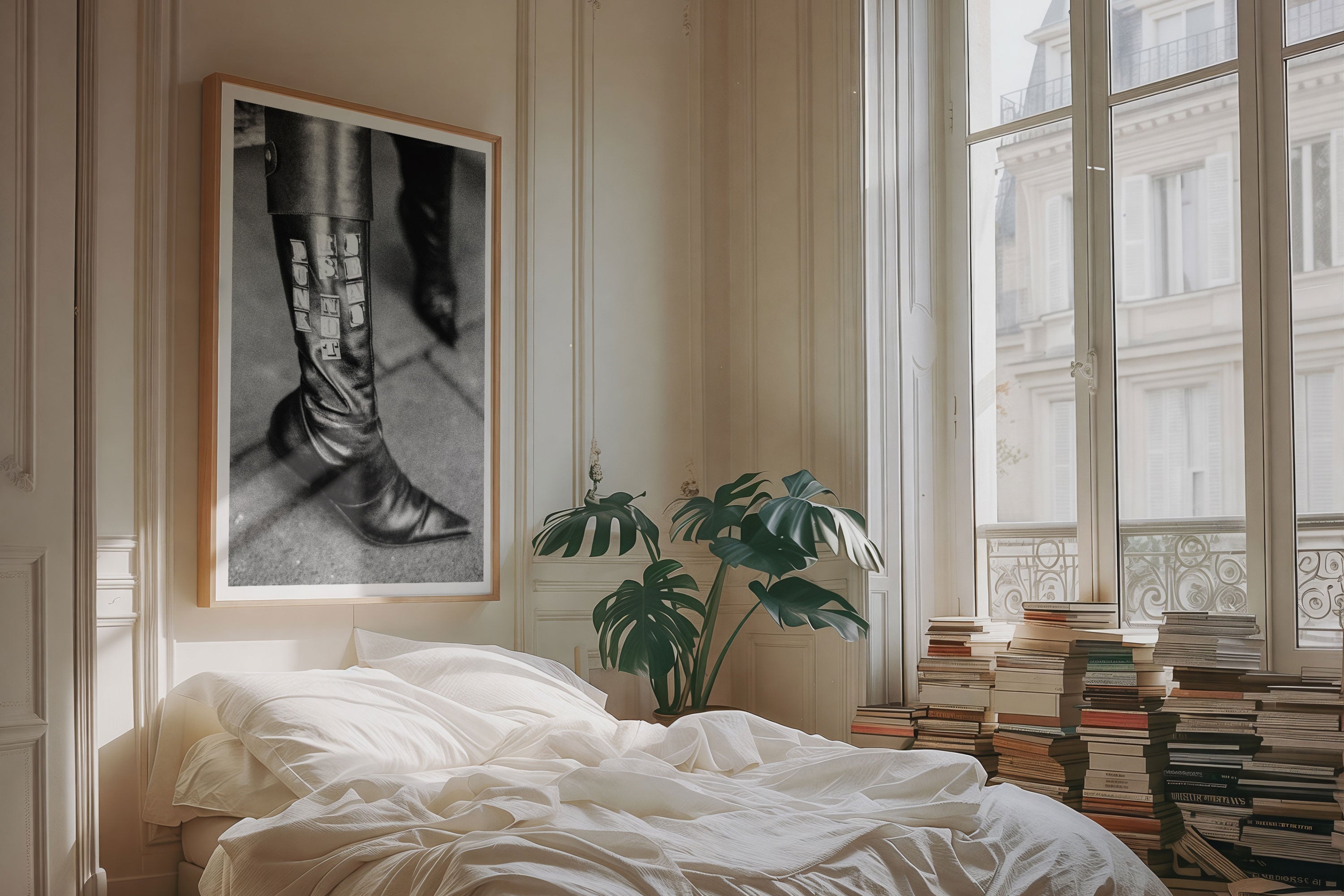 Parisian room interior with a bed, books, and a fine art photograph on the wall of a woman's leather boot with the words Punk is Not Dead.