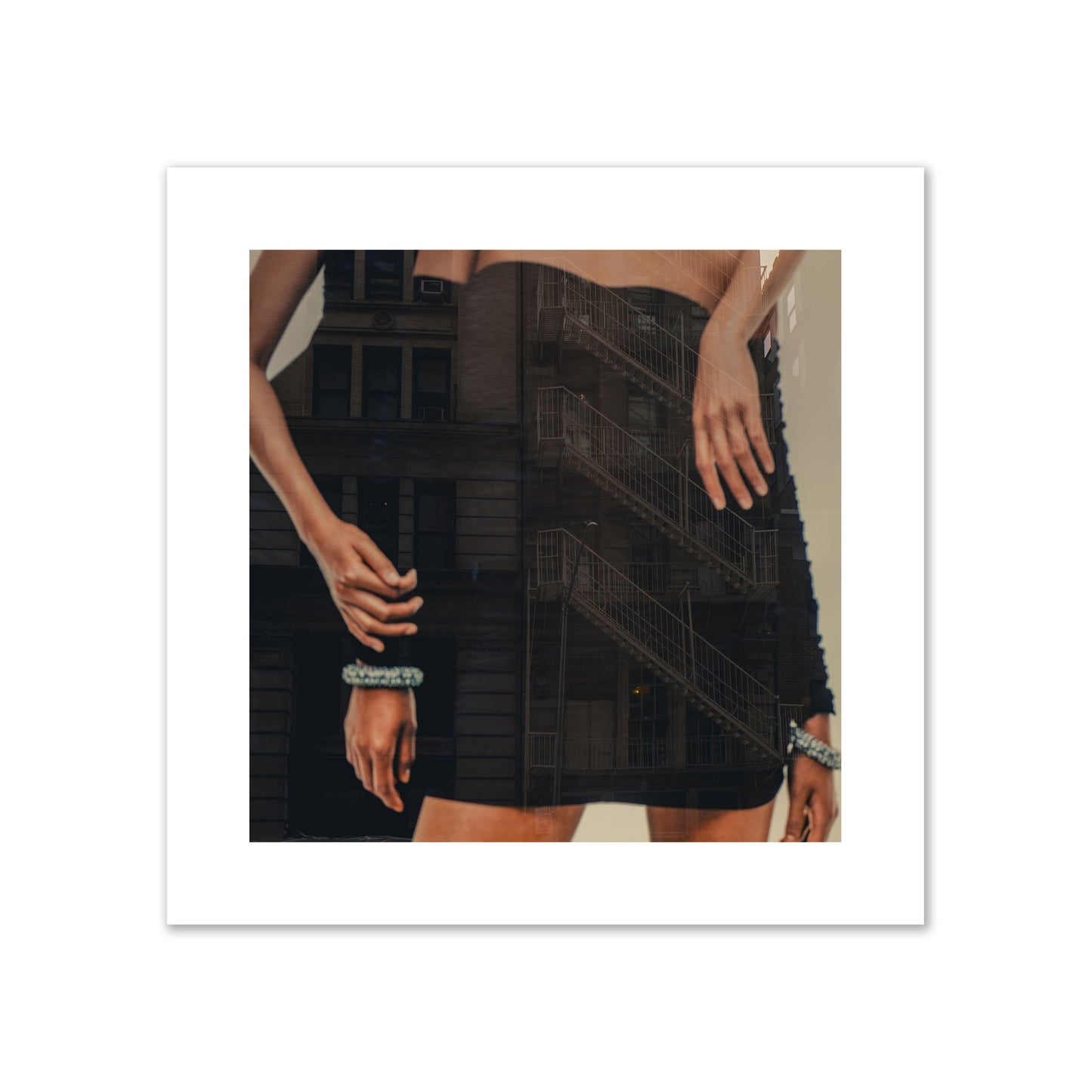 Fine art photograph of two women in black dresses, with the pattern of a fire escape reflected across the fabric, archival pigment print, giant size, print.
