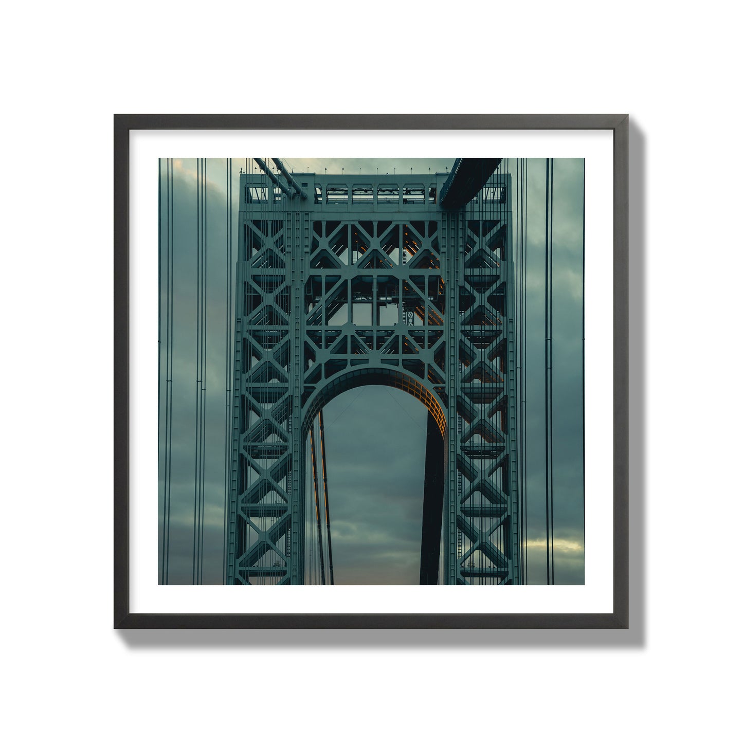 Fine art photograph of a New York bridge at dusk, archival pigment print, collector size, black frame.