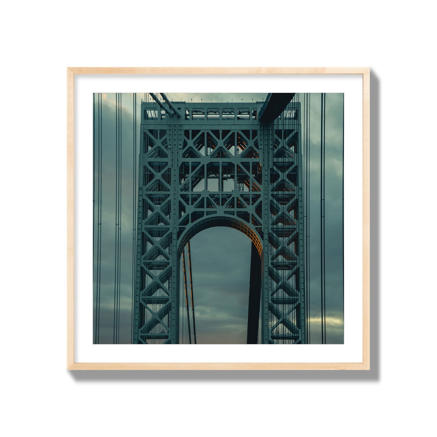 Fine art photograph of a New York bridge at dusk, archival pigment print, collector size, natural wood frame.