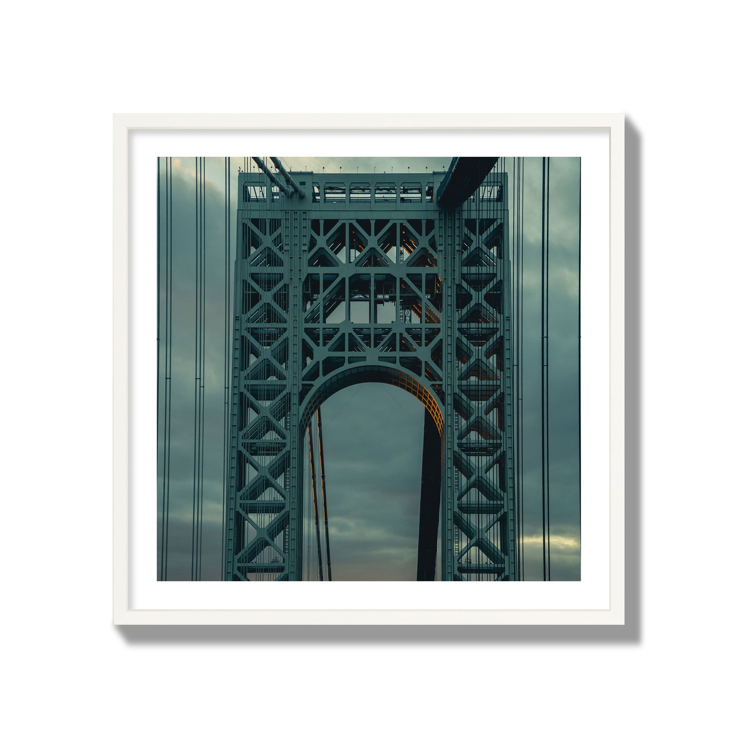 Fine art photograph of a New York bridge at dusk, archival pigment print, collector size, white frame.