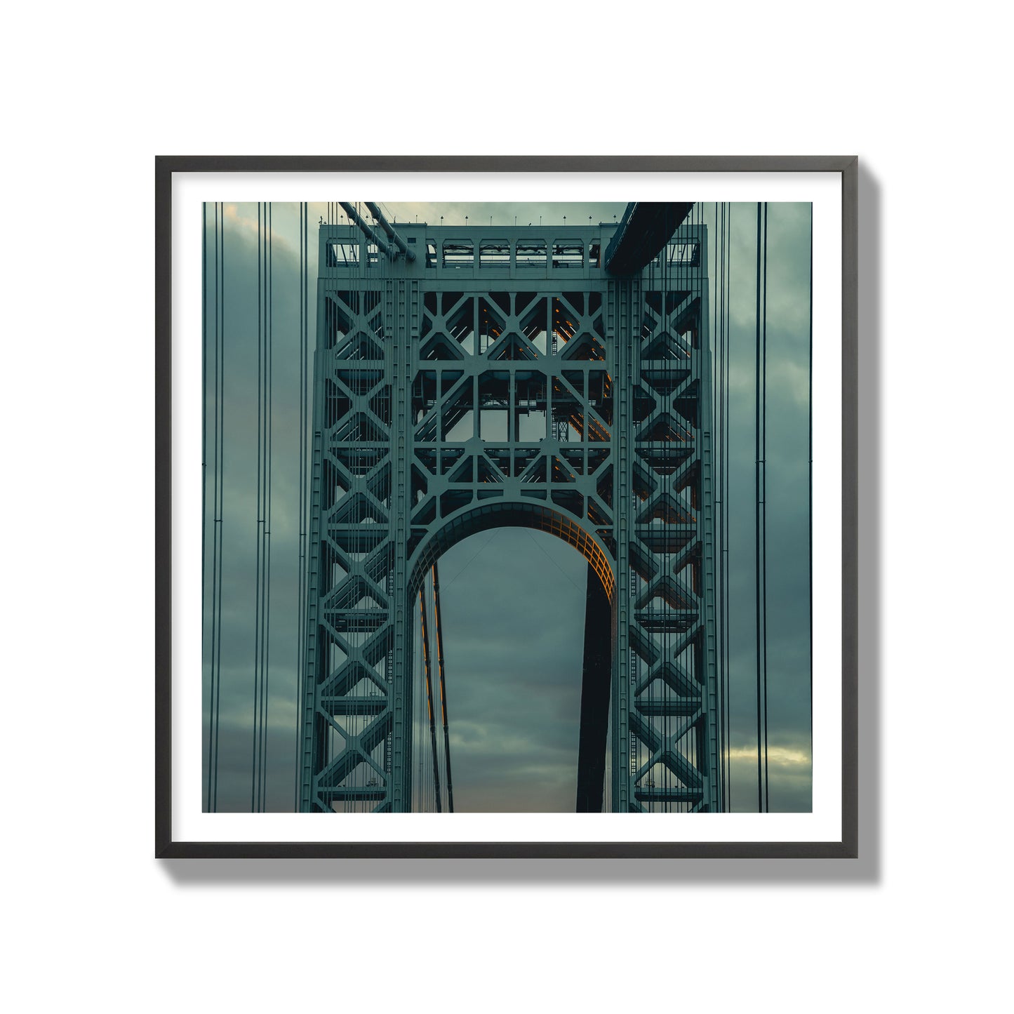Fine art photograph of a New York bridge at dusk, archival pigment print, gallery size, black frame.