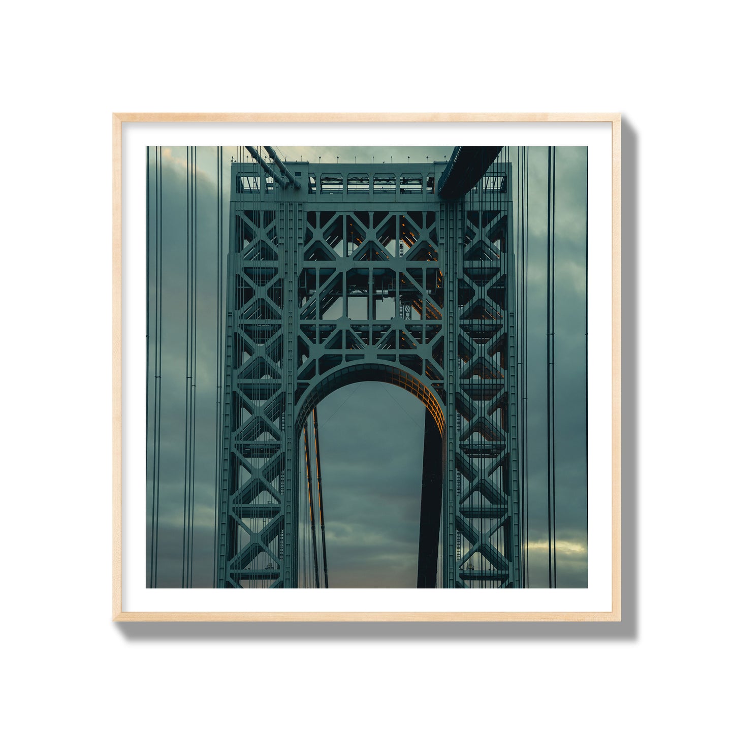 Fine art photograph of a New York bridge at dusk, archival pigment print, gallery size, natural wood frame.