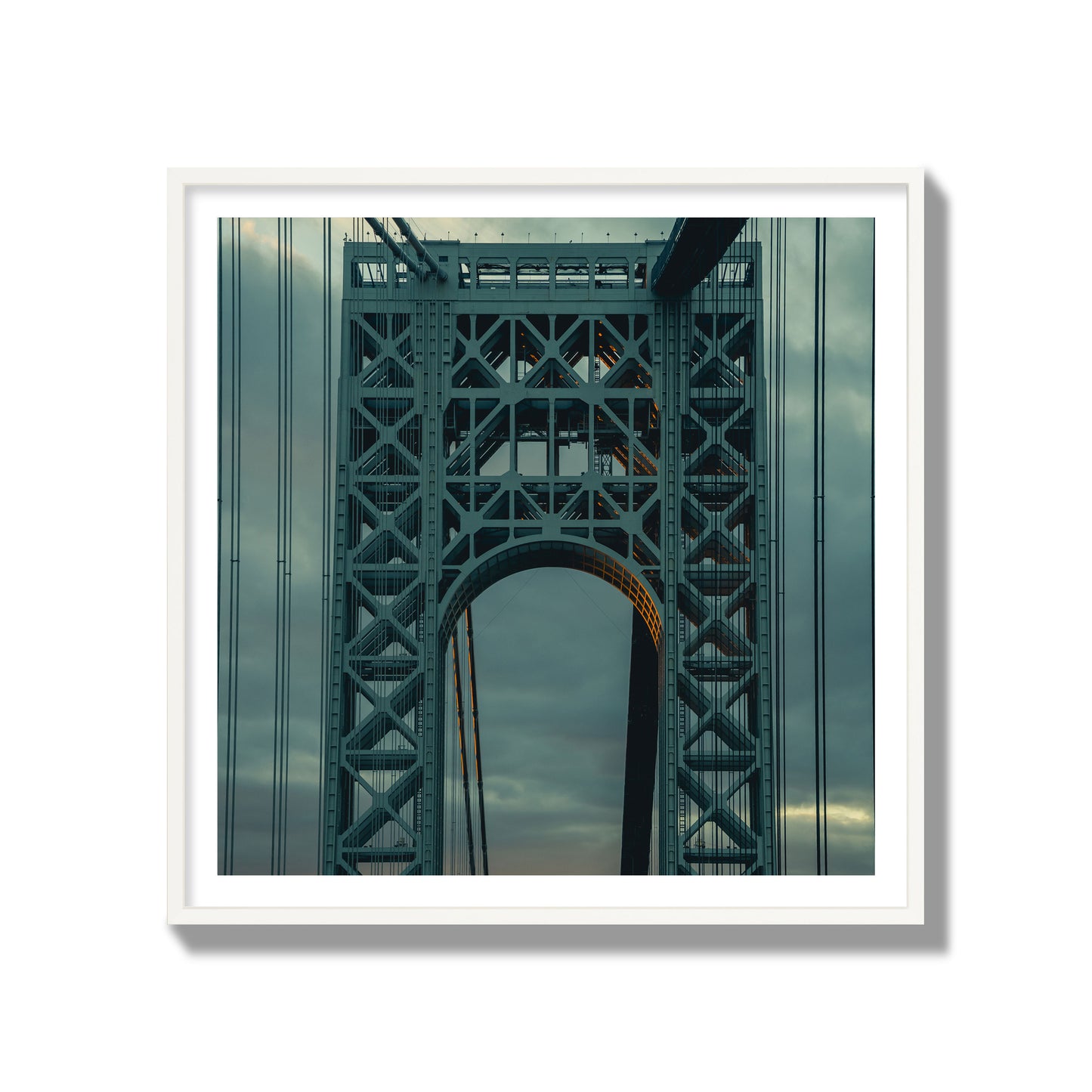 Fine art photograph of a New York bridge at dusk, archival pigment print, gallery size, white frame.
