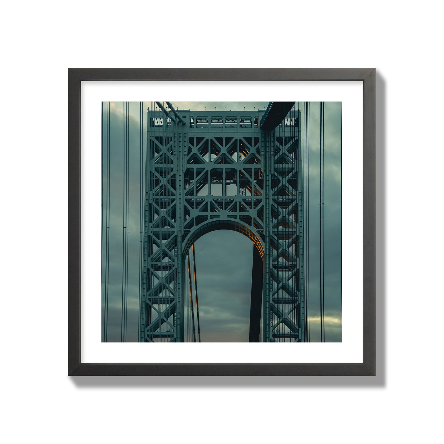 Fine art photograph of a New York bridge at dusk, archival pigment print, giant size, black frame.