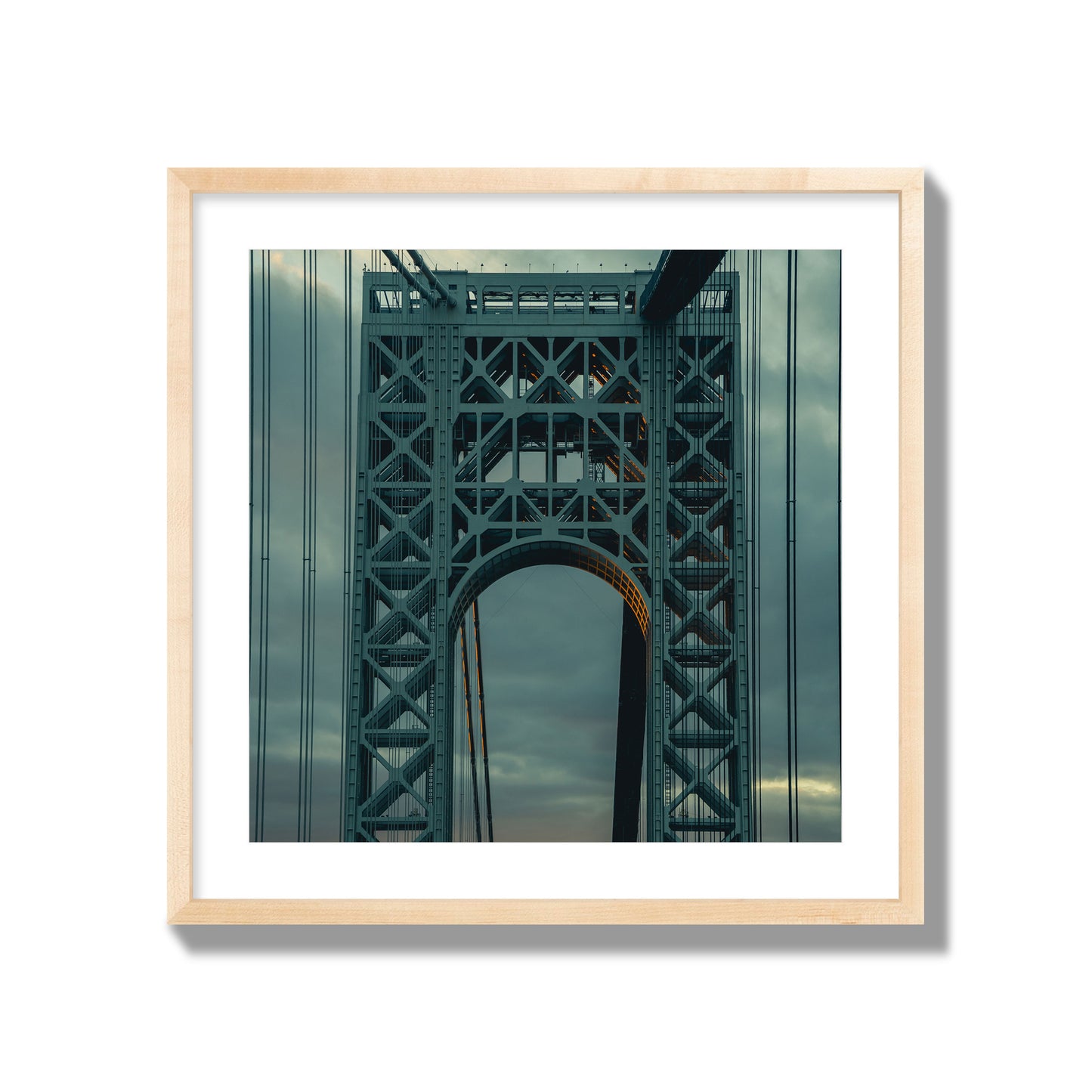 Fine art photograph of a New York bridge at dusk, archival pigment print, giant size, natural wood frame.