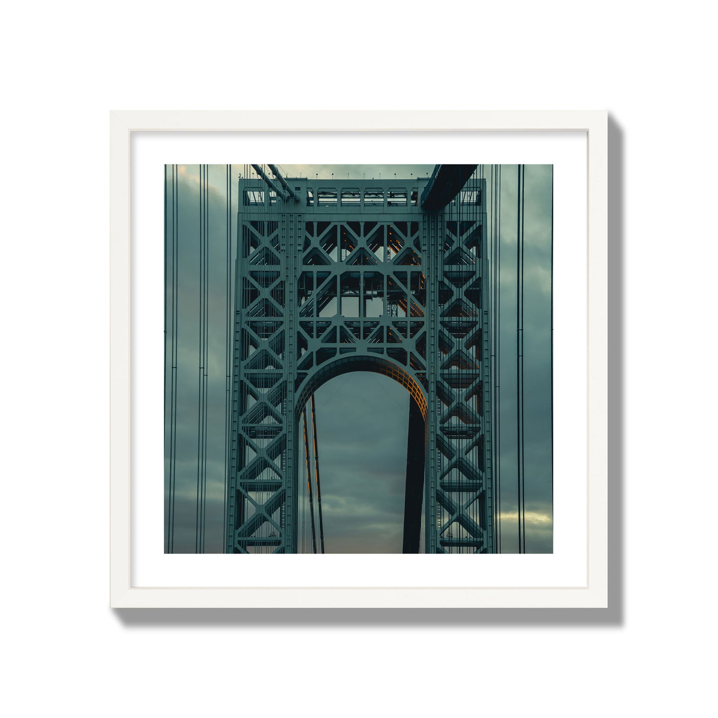 Fine art photograph of a New York bridge at dusk, archival pigment print, giant size, white frame.