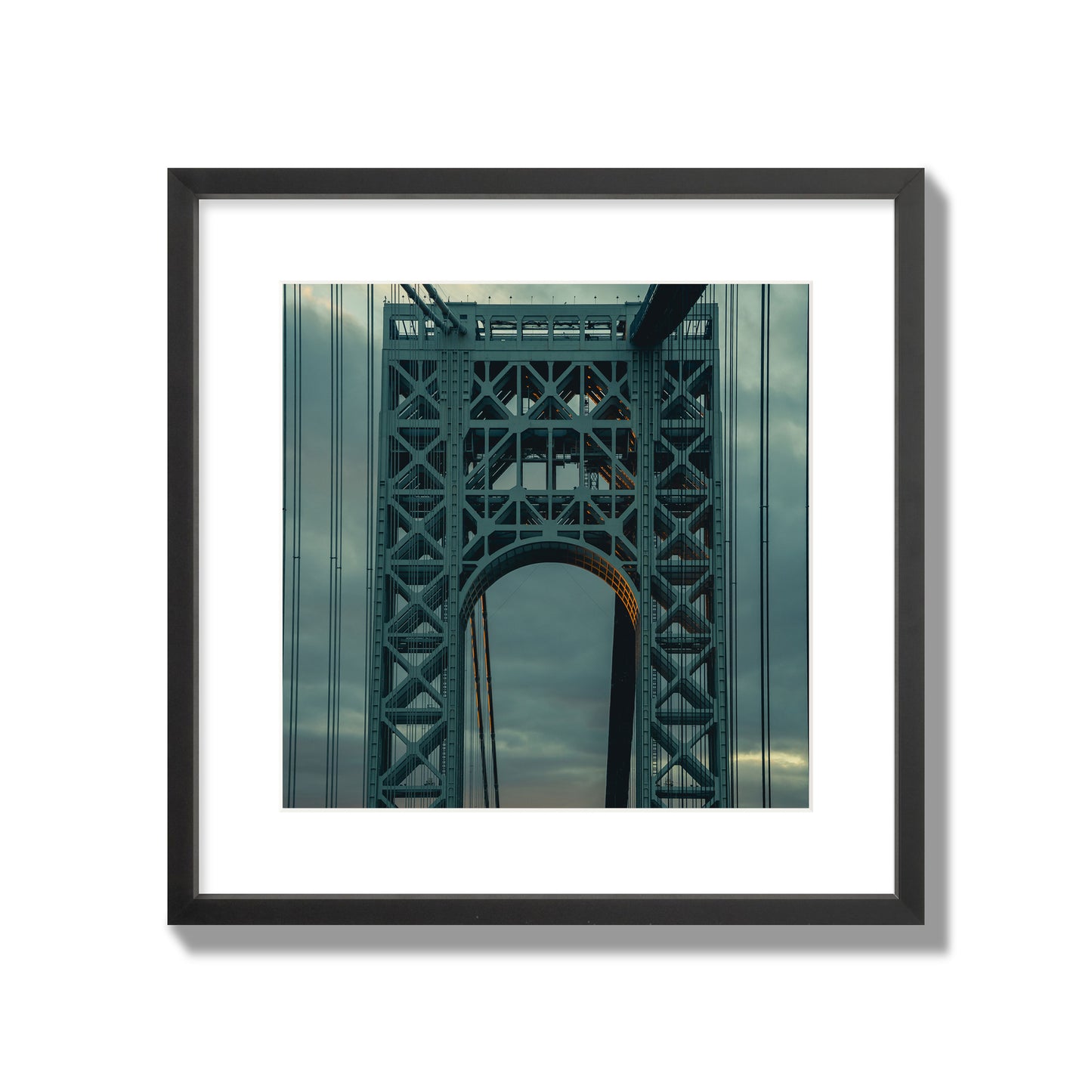 Fine art photograph of a New York bridge at dusk, archival pigment print, large size, black frame.