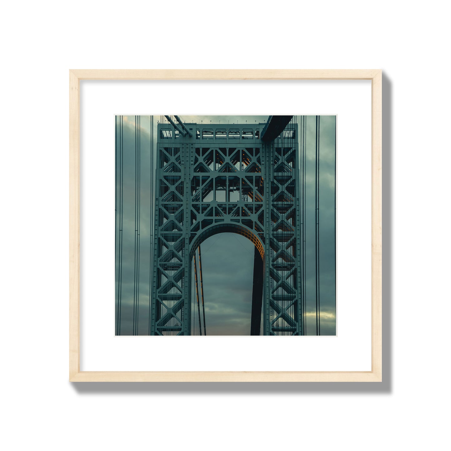 Fine art photograph of a New York bridge at dusk, archival pigment print, large size, natural wood frame.