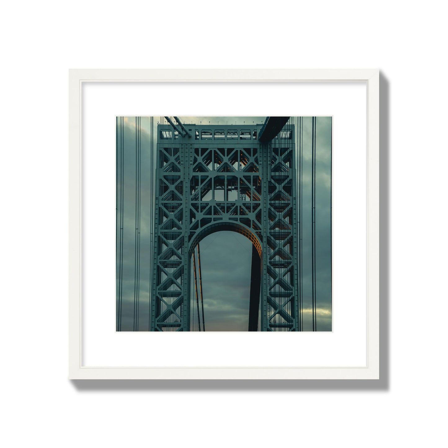Fine art photograph of a New York bridge at dusk, archival pigment print, large size, white frame.