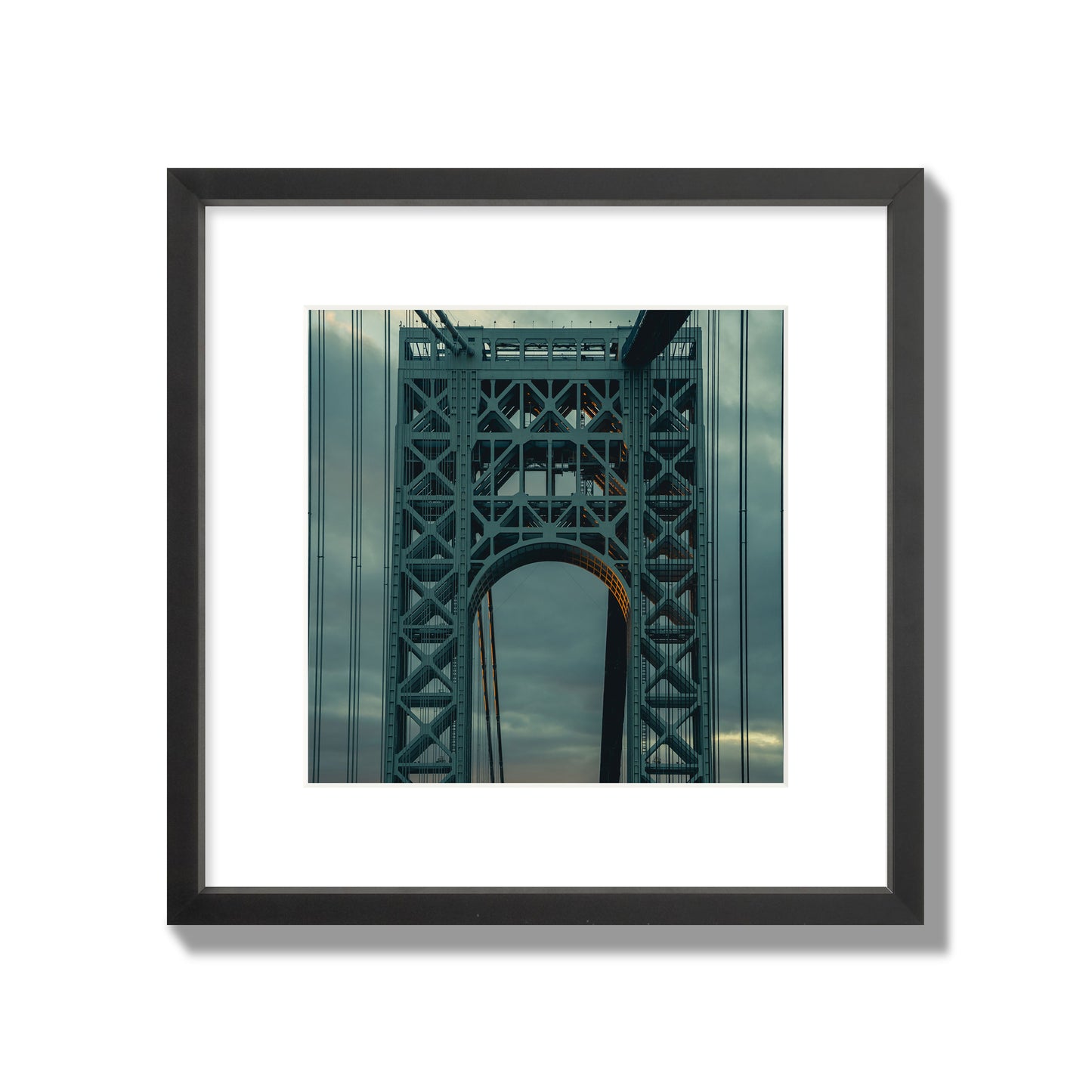 Fine art photograph of a New York bridge at dusk, archival pigment print, medium size, black frame.