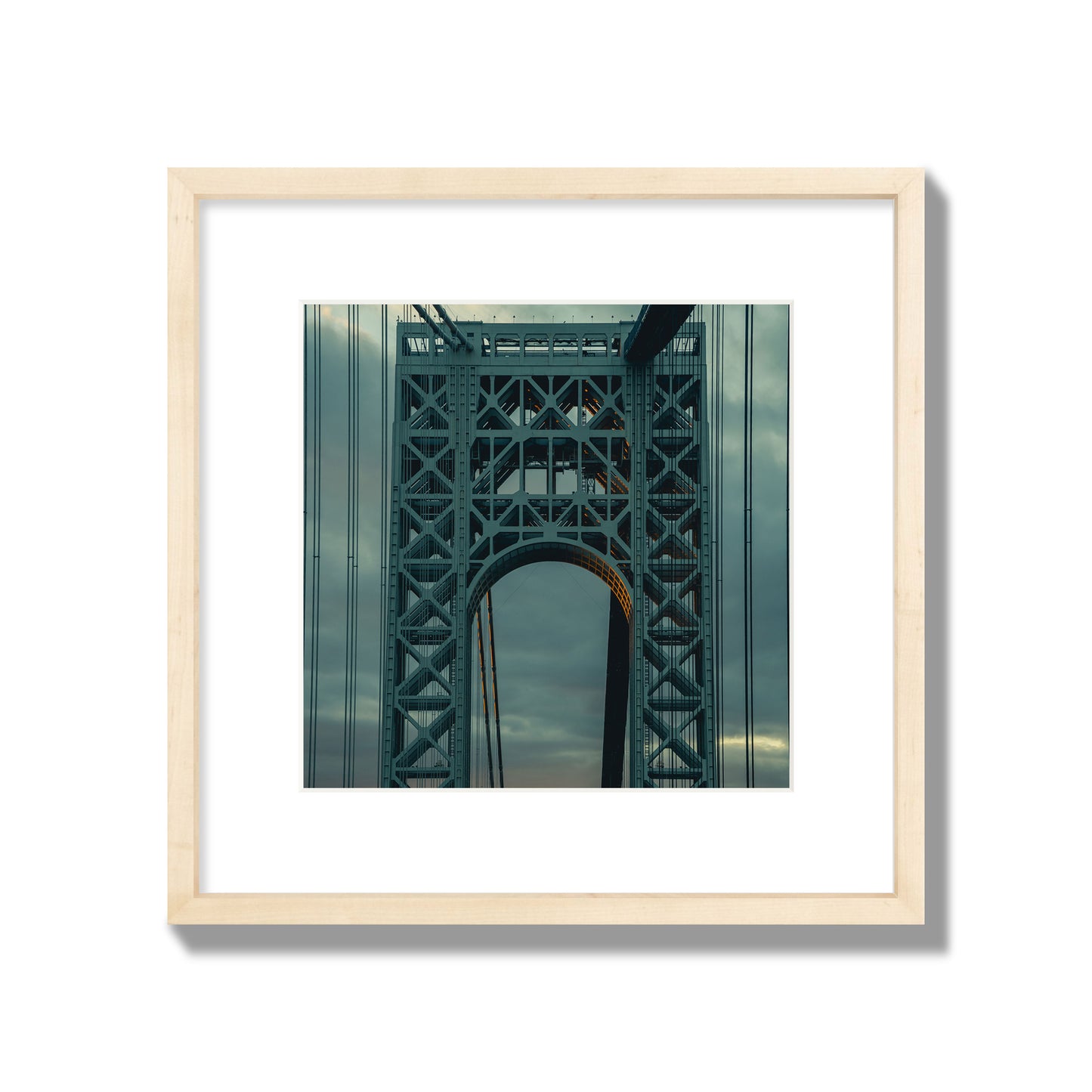 Fine art photograph of a New York bridge at dusk, archival pigment print, medium size, natural wood frame.
