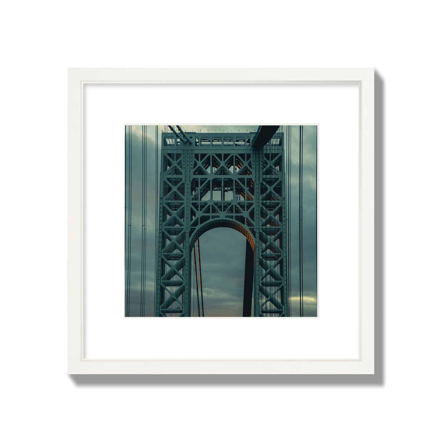 Fine art photograph of a New York bridge at dusk, archival pigment print, medium size, white frame.