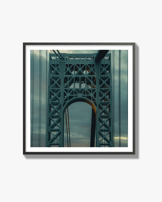 Fine art photograph of a New York bridge at dusk, archival pigment print, black frame.