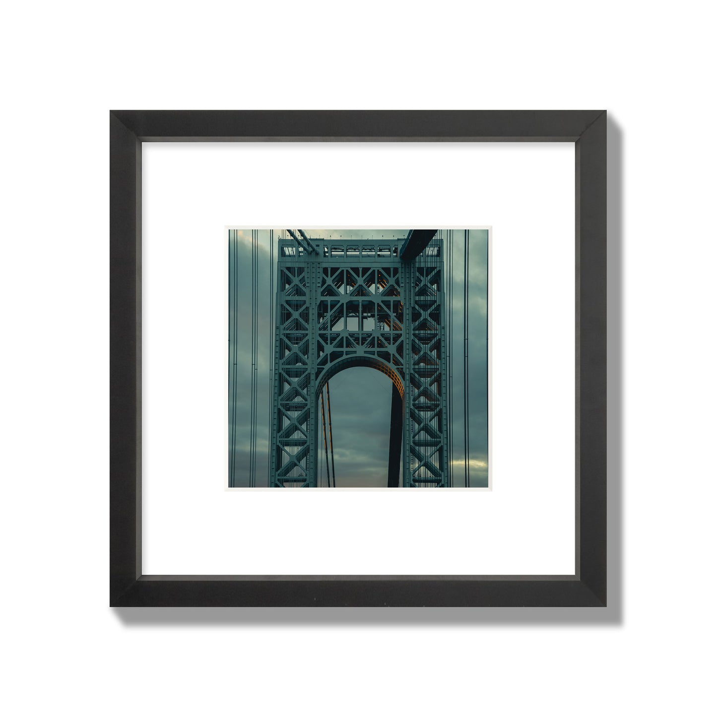 Fine art photograph of a New York bridge at dusk, archival pigment print, small size, black frame.