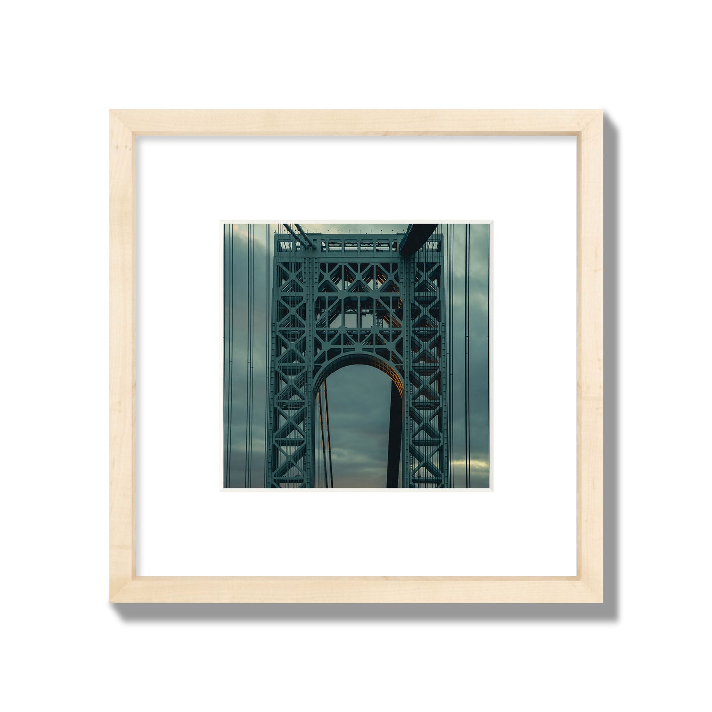 Fine art photograph of a New York bridge at dusk, archival pigment print, small size, natural wood frame.