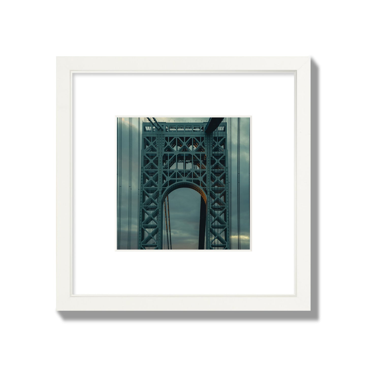 Fine art photograph of a New York bridge at dusk, archival pigment print, small size, white frame.