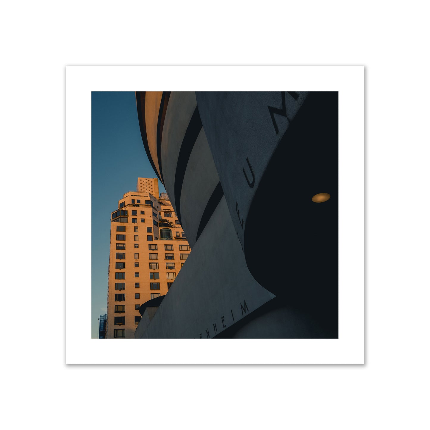 Fine art photograph of the Guggenheim Museum at dusk, archival pigment print, collector size, print.