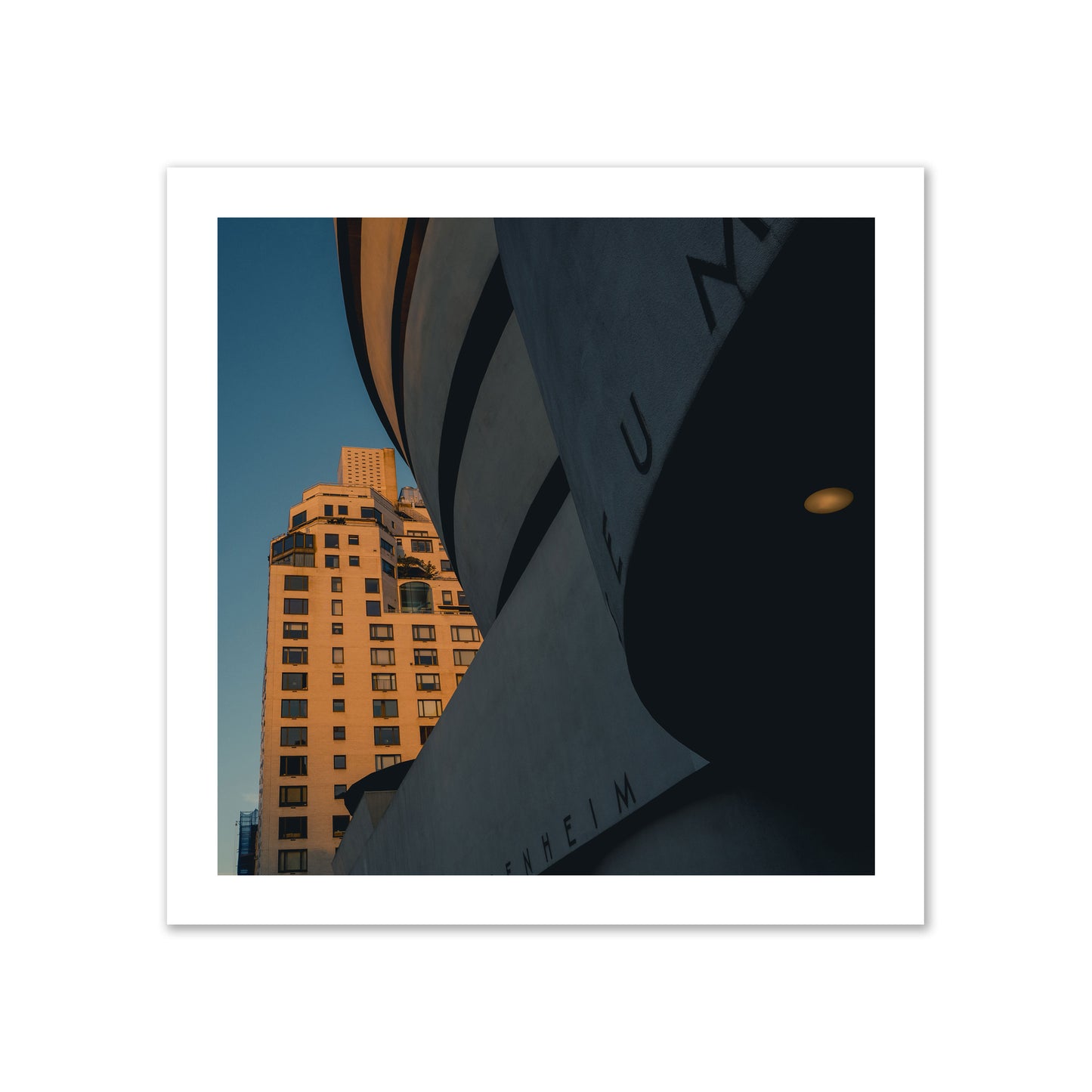 Fine art photograph of the Guggenheim Museum at dusk, archival pigment print, gallery size, print.