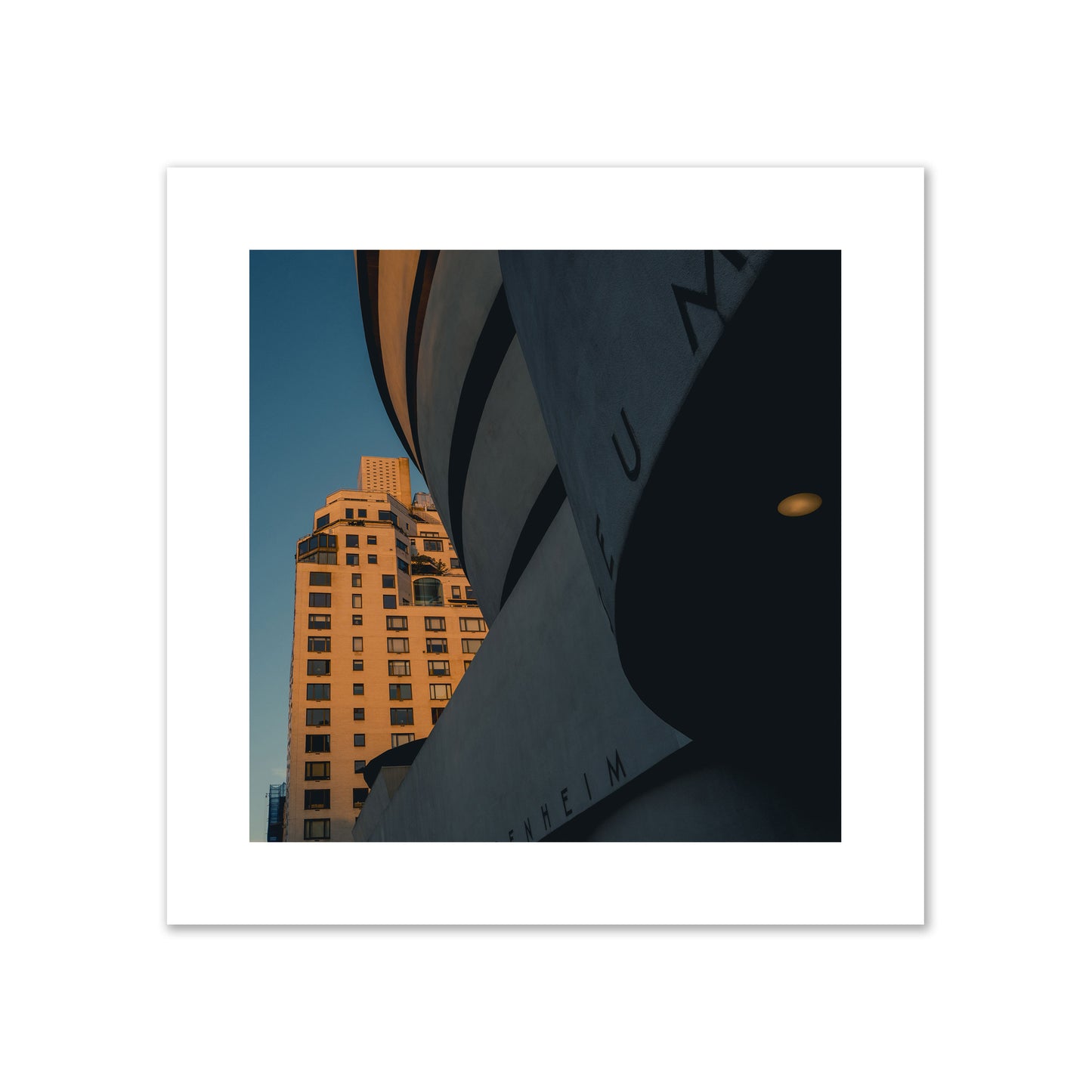 Fine art photograph of the Guggenheim Museum at dusk, archival pigment print, giant size, print.