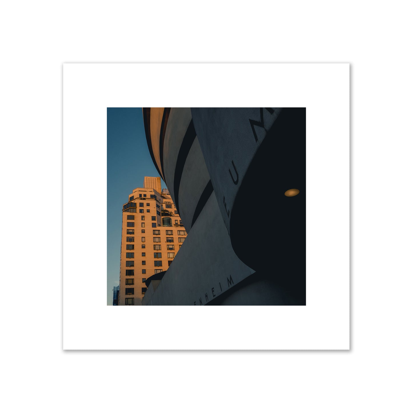 Fine art photograph of the Guggenheim Museum at dusk, archival pigment print, large size, print.