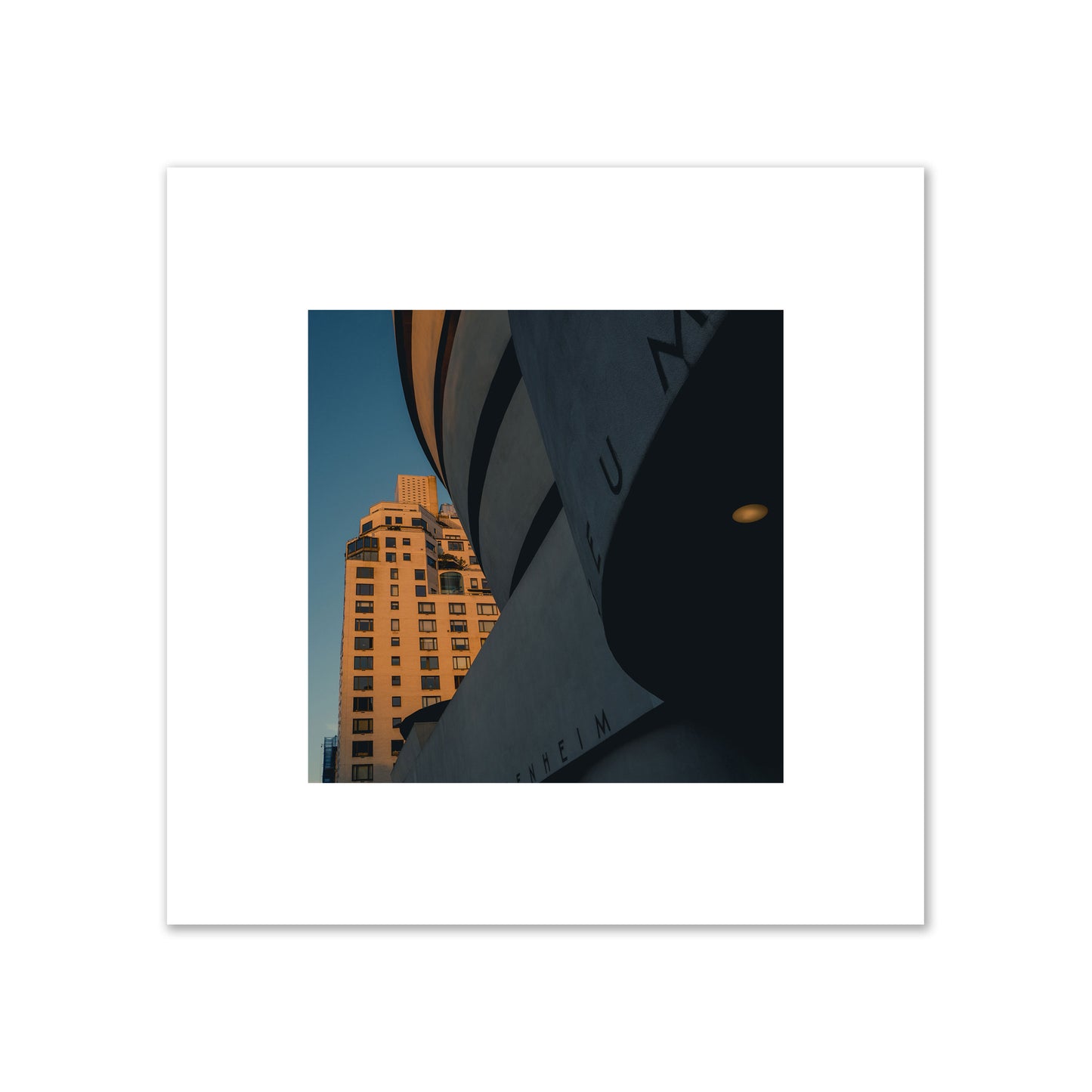 Fine art photograph of the Guggenheim Museum at dusk, archival pigment print, medium size, print.