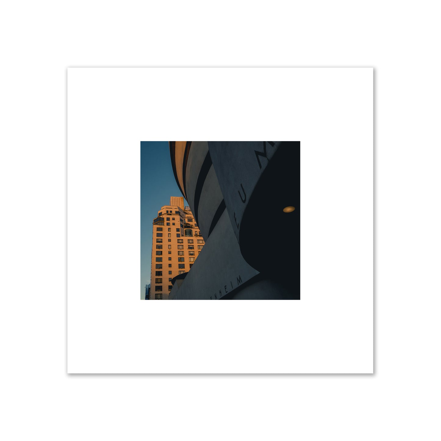 Fine art photograph of the Guggenheim Museum at dusk, archival pigment print, small size, print.