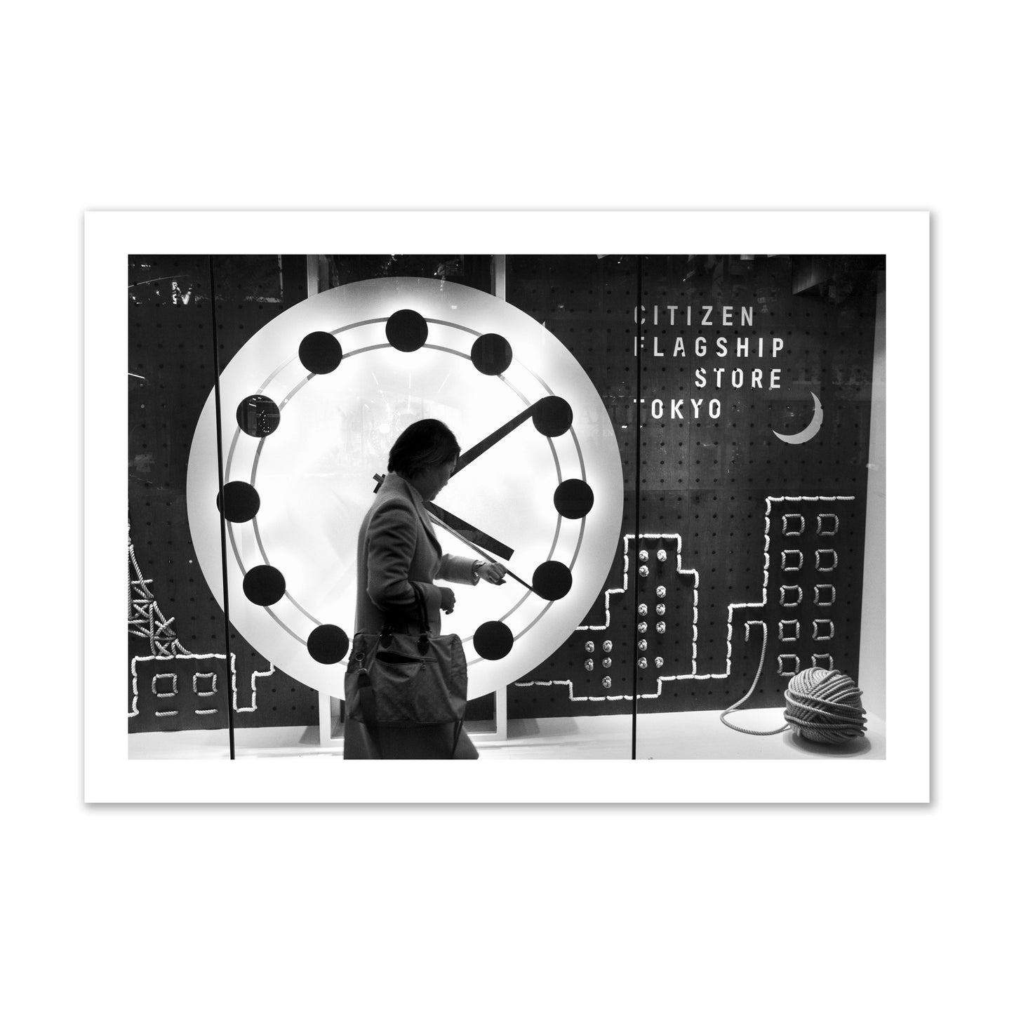 Fine art street photograph of a woman checking her watch as she walks past a giant clock on a busy Tokyo city street. Archival pigment print, collector size, unframed.
