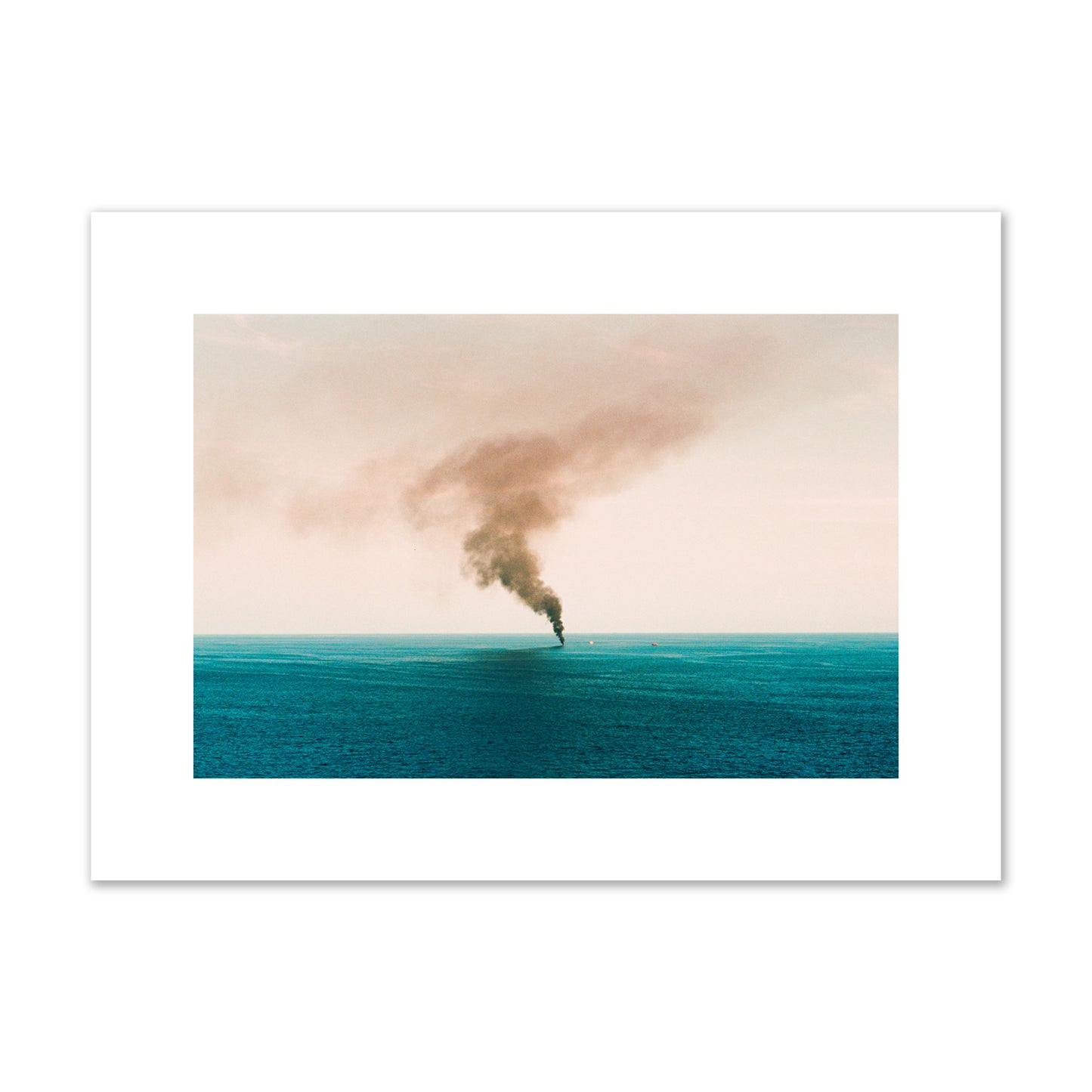 Fine art street photograph of a moody seascape with smoke rising from a distant boat, capturing a sense of mystery and atmosphere. Archival pigment print, medium size, unframed.