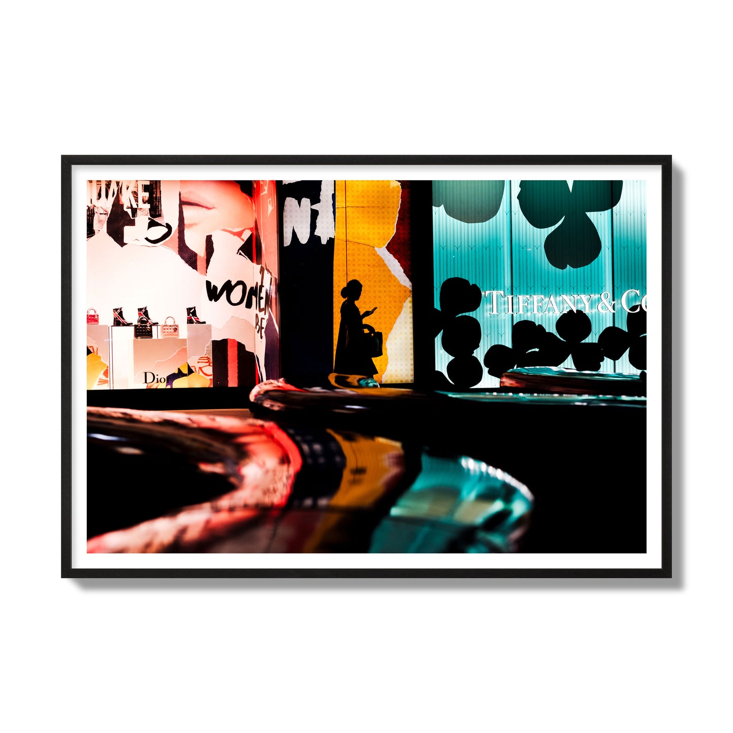 Fine art photograph of a woman’s silhouette walking past vibrant neon store signs, archival pigment print, gallery size, black frame.