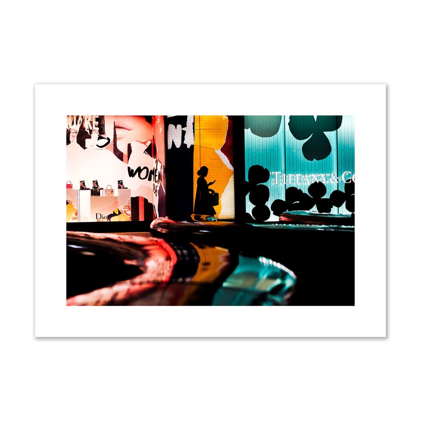 Fine art photograph of a woman’s silhouette walking past vibrant neon store signs, archival pigment print, large size, unframed.