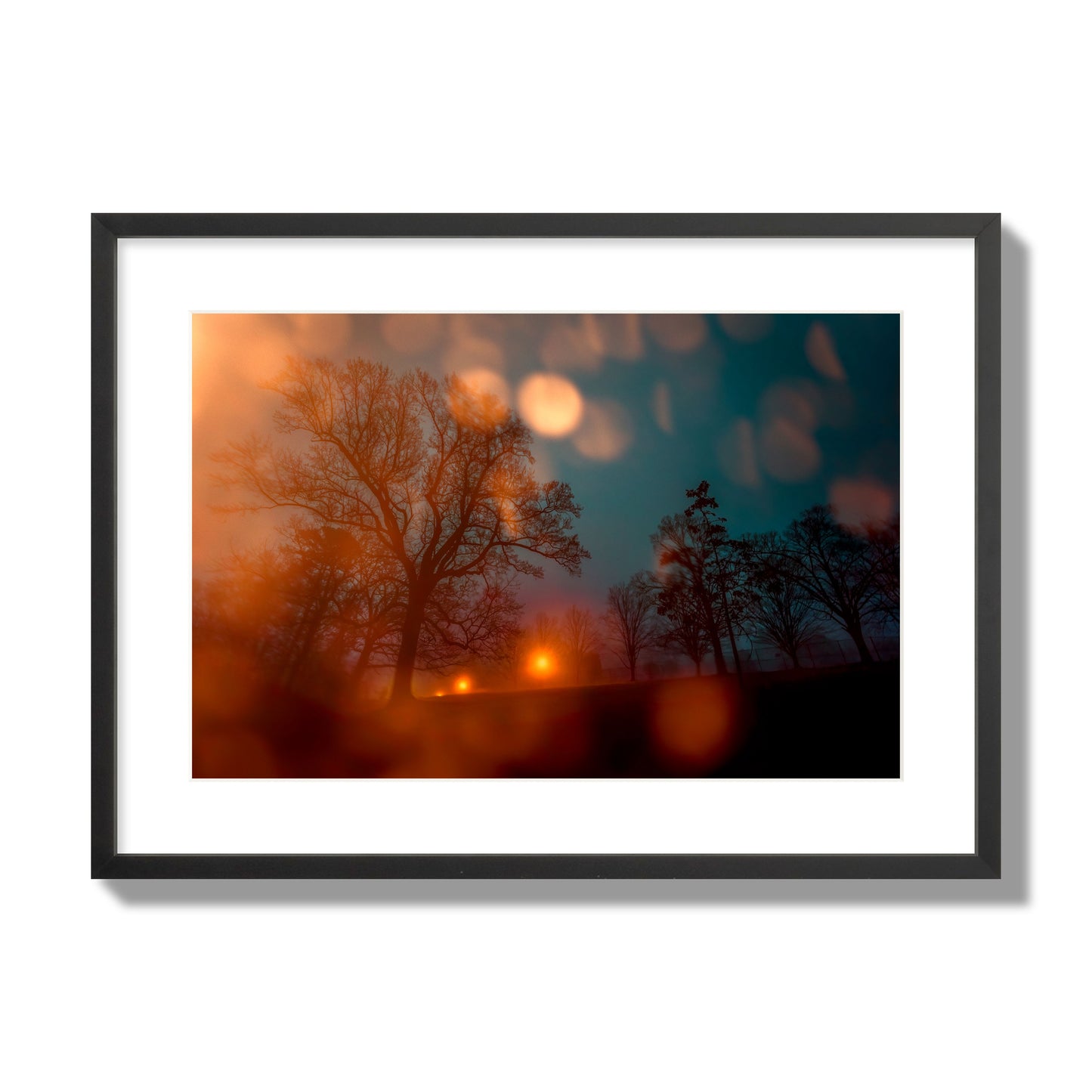 Fine art landscape photograph of a tranquil forest illuminated by orange-red streetlights. Archival pigment print, large size, black frame.